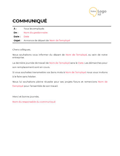 Téléchargez notre modèle d’annonce de départ d’un employé dès maintenant et assurez une transition en douceur.