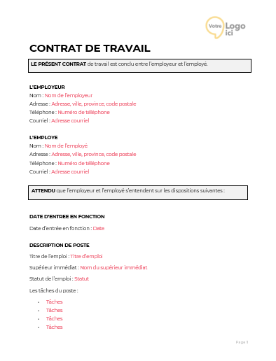 Modèle contrat de travail