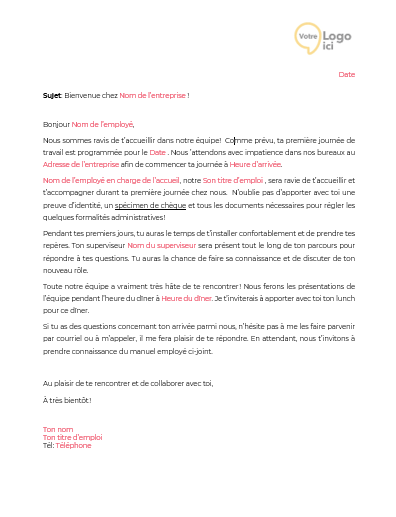 Modèle lettre bienvenue nouvel employé