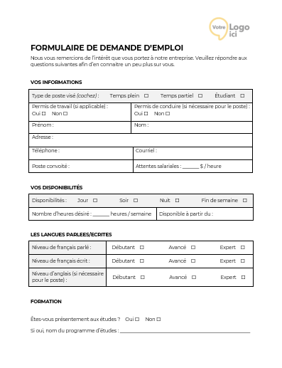 Téléchargez notre modèle de formulaire de demande d’emploi et standardisez la collecte des candidatures pour un recrutement plus efficace.
