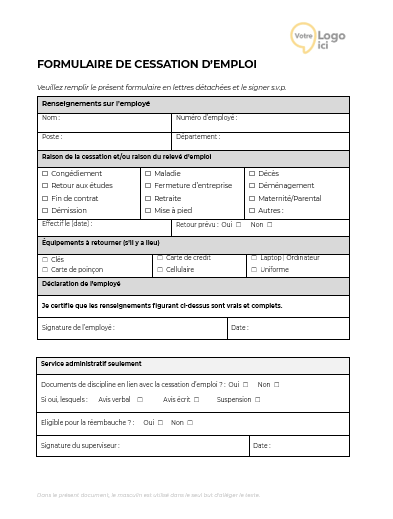 Téléchargez notre formulaire de cessation d'emploi et bénéficiez de conseils d'experts pour le personnaliser en un rien de temps.