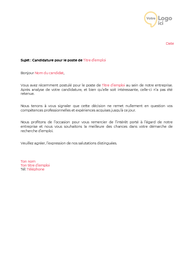 Téléchargez notre lettre de refus de candidature et assurez une communication respectueuse et professionnelle avec les candidats non retenus.