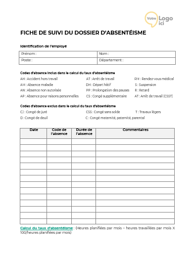 Modèle de suivi du dossier d'absentéisme