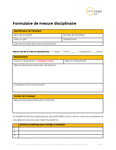 Modèle formulaire de mesure disciplinaire