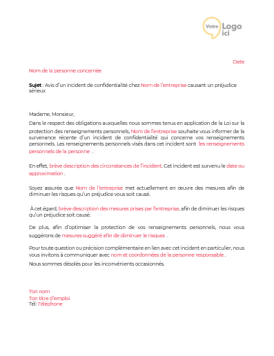 Modèle avis d'incidents de confidentialité