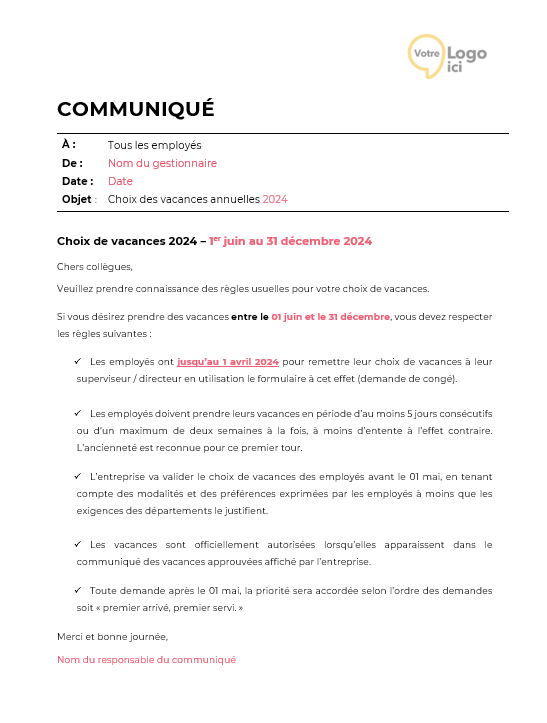 Modèle de communiqué de choix de vacances