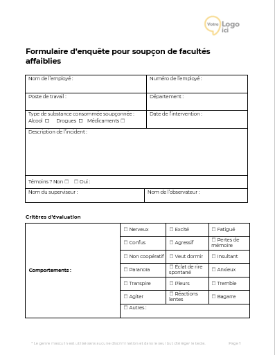 Téléchargez notre modèle de formulaire d’enquête sur les facultés affaiblies en milieu de travail et assurez une gestion rigoureuse et conforme
