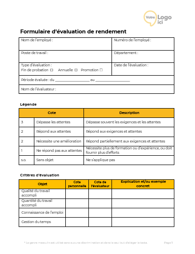 Modele formulaire évaluation de rendement