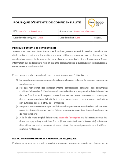 Modèle politique d'entente de confidentialité