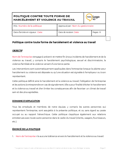 Modèle politique harcèlement au travail