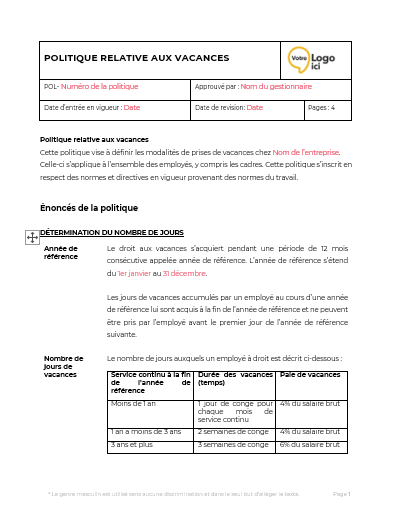 Modèle politique de gestion des vacances