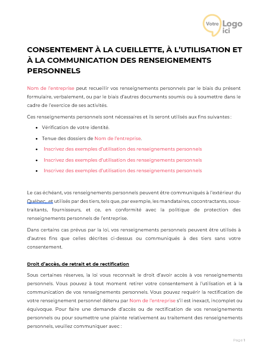 Modele consentement à la cueillette des renseignements personnels