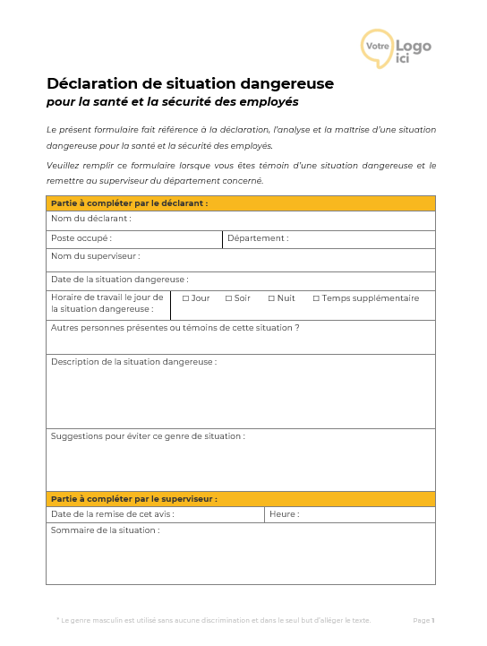 Modèle de formulaire de déclaration de situation dangereuse à télécharger