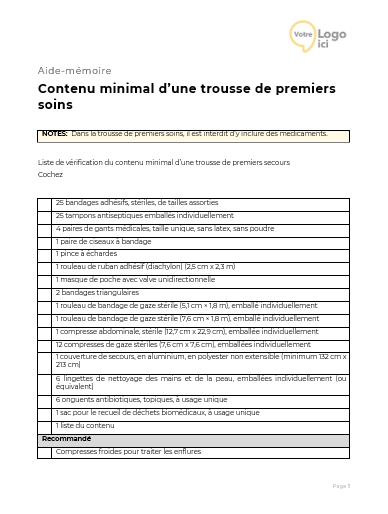 Modèle contenu de la trousse de premiers soins
