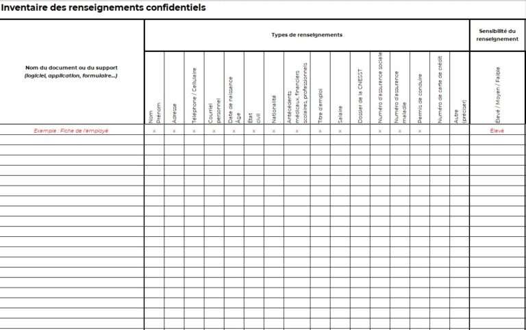 Modèle registre des renseignements personnels (Excel)