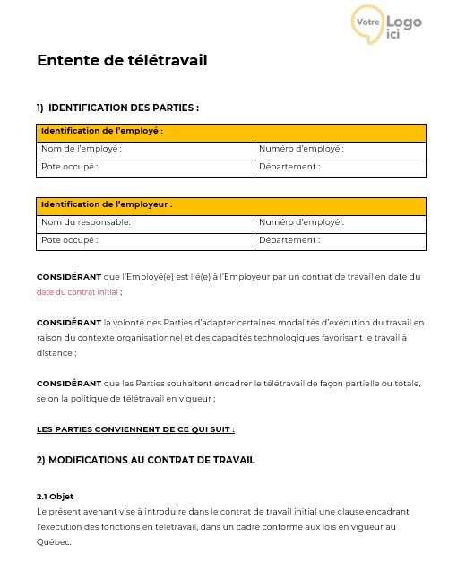 Entente de télétravail