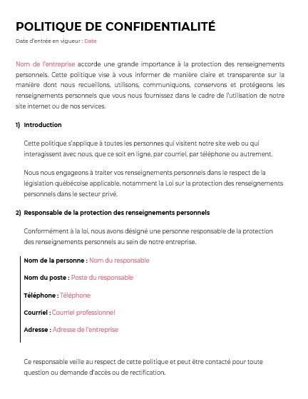 Politique de confidentialité pour site internet – modèle conforme à la Loi 25