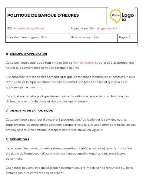 Politique de banque d’heures – modèle RH