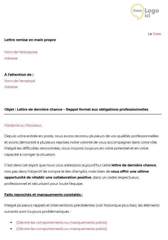 Modèle lettre de dernière chance